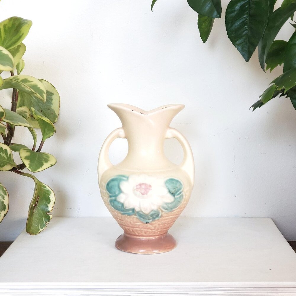 Hull Pottery Small Bud Vase With Flower, Ceramic Vase With 2 Handles
